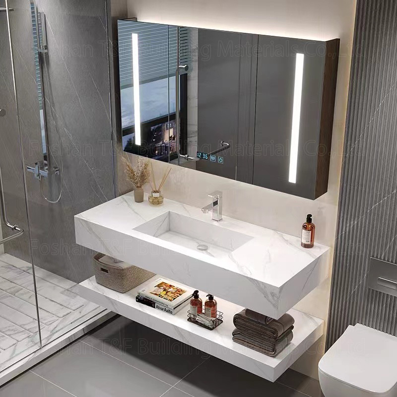 Las unidades de la vanidad del cuarto de baño del OEM sinterizaron el lavabo de piedra de la encimera llevaron los gabinetes de almacenamiento del espejo