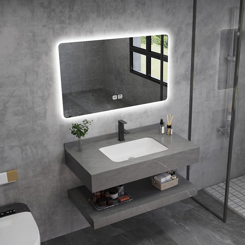La vanidad de mármol moderna del cuarto de baño del hotel sinterizó el gabinete de piedra Smart del fregadero del lavabo llevó el espejo