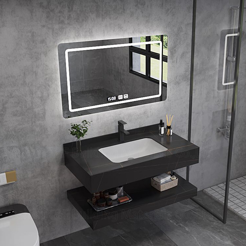 La vanidad de mármol moderna del cuarto de baño del hotel sinterizó el gabinete de piedra Smart del fregadero del lavabo llevó el espejo
