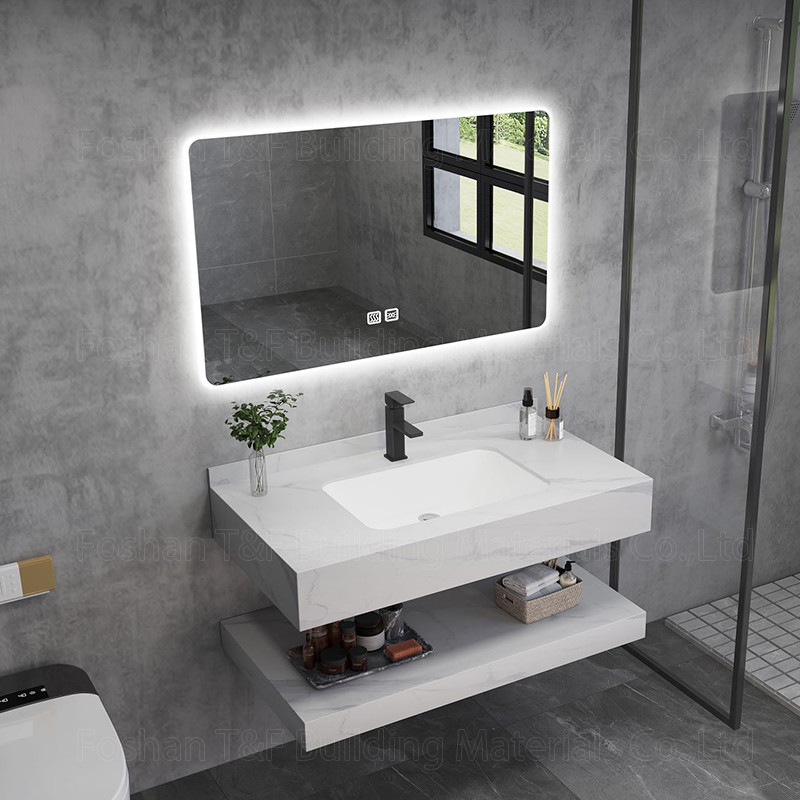 La vanidad de mármol moderna del cuarto de baño del hotel sinterizó el gabinete de piedra Smart del fregadero del lavabo llevó el espejo