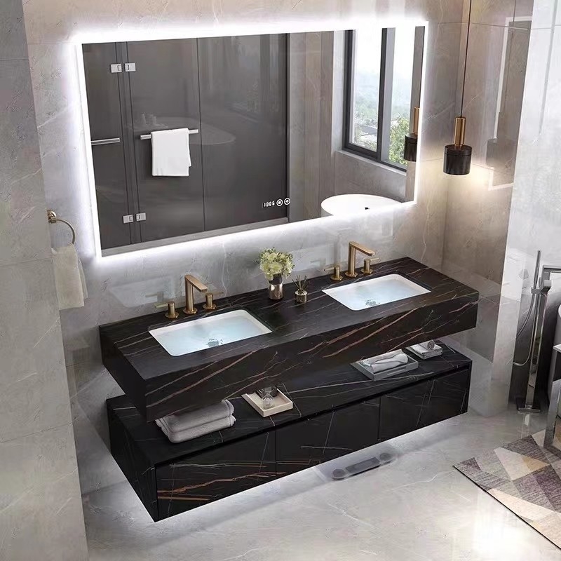 La vanidad de mármol moderna del cuarto de baño del hotel sinterizó el gabinete de piedra Smart del fregadero del lavabo llevó el espejo