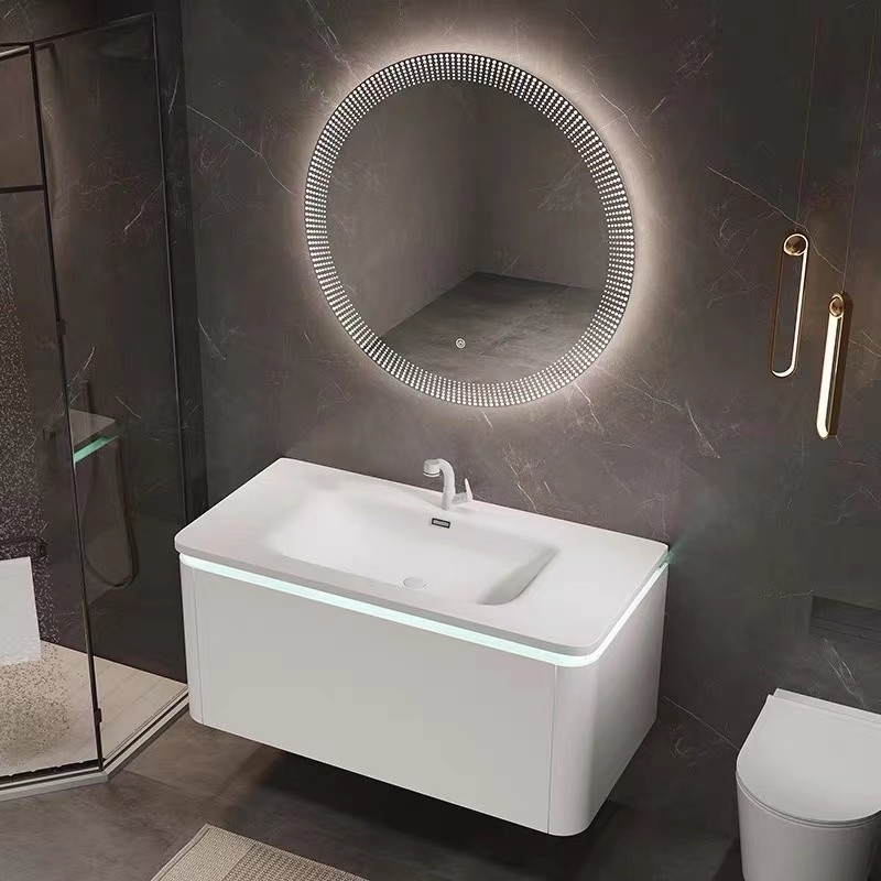 Tipo del tapiz del fregadero del cuarto de baño del hotel de lujo solo de vanidad del gabinete moderno del espejo