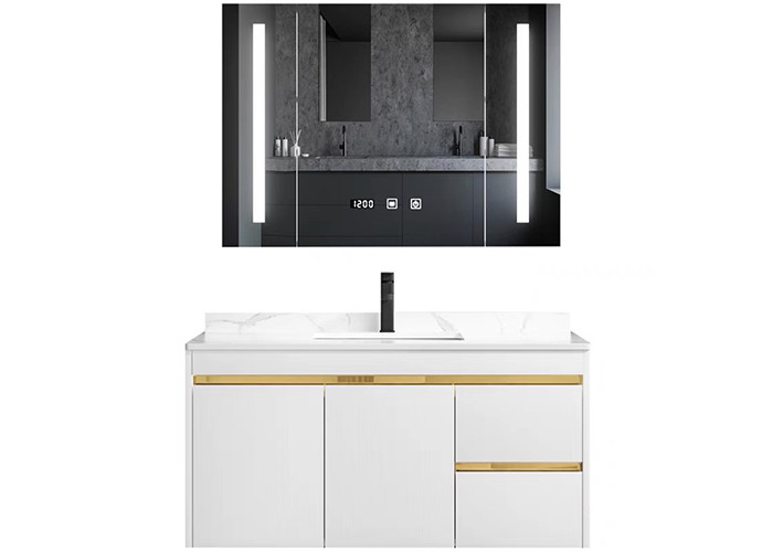 Gabinete de cuarto de baño de madera del panel del nuevo del diseño del baño del sitio de la vanidad lavabo superficial sólido blanco de las unidades con el espejo