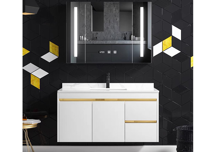 Gabinete de cuarto de baño de madera del panel del nuevo del diseño del baño del sitio de la vanidad lavabo superficial sólido blanco de las unidades con el espejo