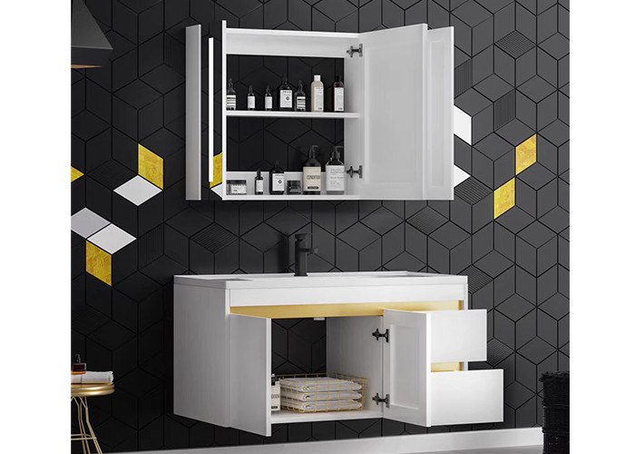 Gabinete de cuarto de baño de madera del panel del nuevo del diseño del baño del sitio de la vanidad lavabo superficial sólido blanco de las unidades con el espejo