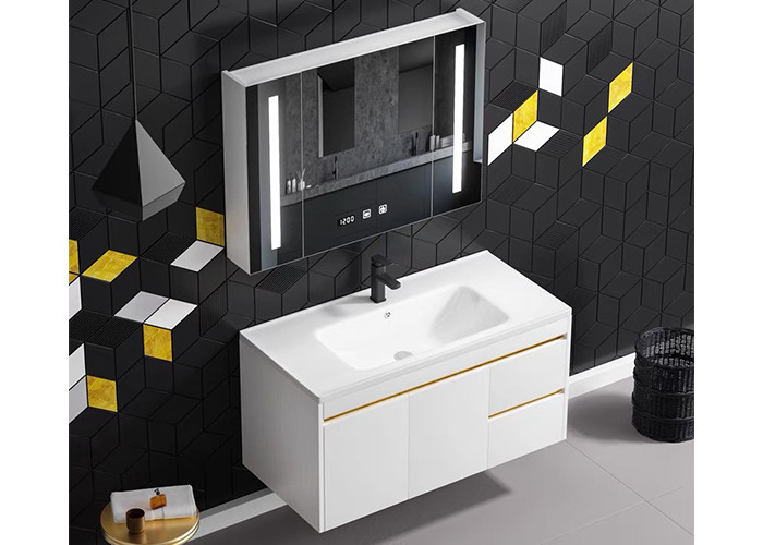 Gabinete de cuarto de baño de madera del panel del nuevo del diseño del baño del sitio de la vanidad lavabo superficial sólido blanco de las unidades con el espejo