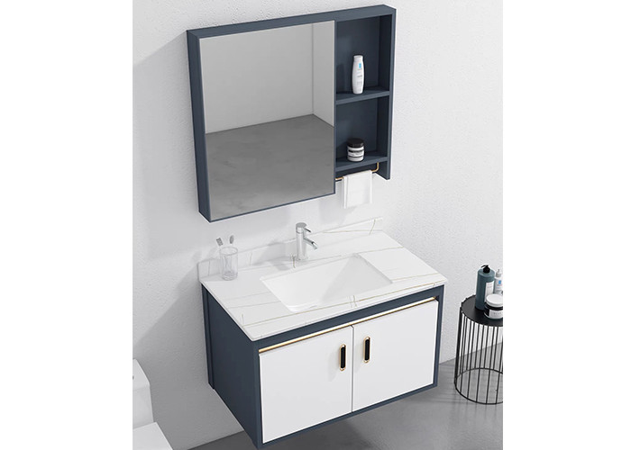 Vanidad de cerámica del lavabo del PVC de la alta pintura brillante blanca montada en la pared del cuarto de baño con el espejo