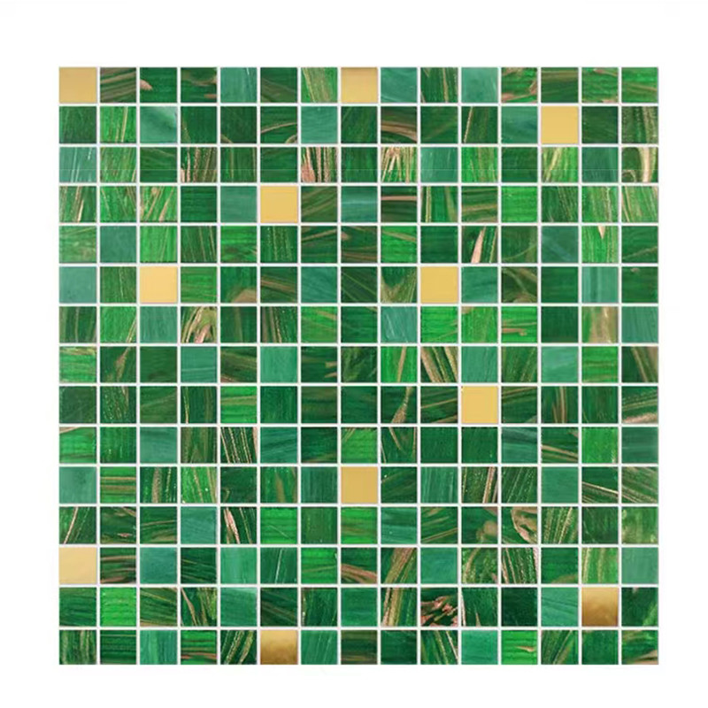 Clasico estilo retro azulejos de mosaico de vidrio verde con línea dorada Baño Baño de fondo azulejos de pared