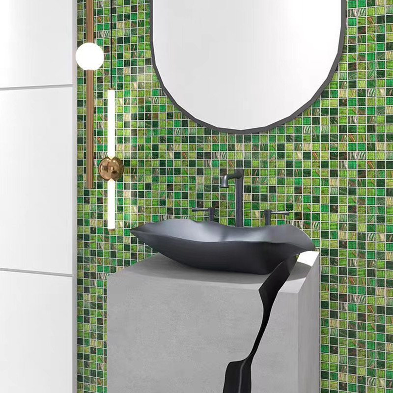 Clasico estilo retro azulejos de mosaico de vidrio verde con línea dorada Baño Baño de fondo azulejos de pared