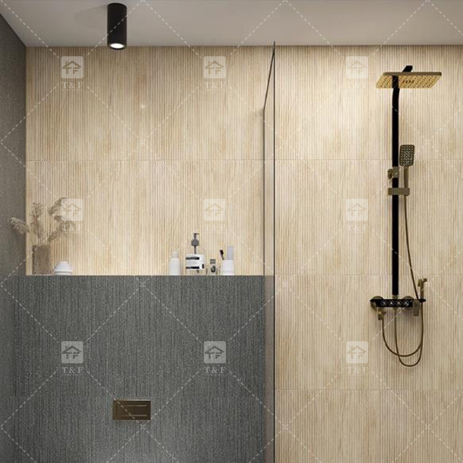Grill Pull Trough Imitación Madera Grano azulejos cerámicos Balcón suelo textura de lujo Pared de fondo