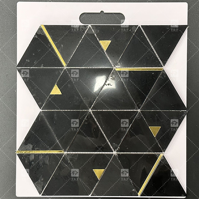 Triángulo de piedra de mármol azulejos de mosaico de lujo con azulejos de mosaico de acero inoxidable metal baño backsplash