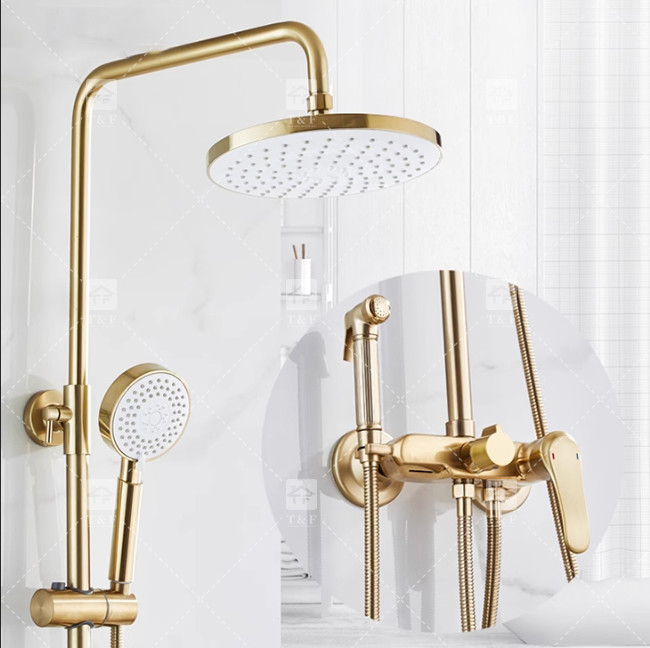 Nordic Light Luxury Set de ducha para el hogar Grifón de latón de oro cepillado Boquilla a presión caliente y fría